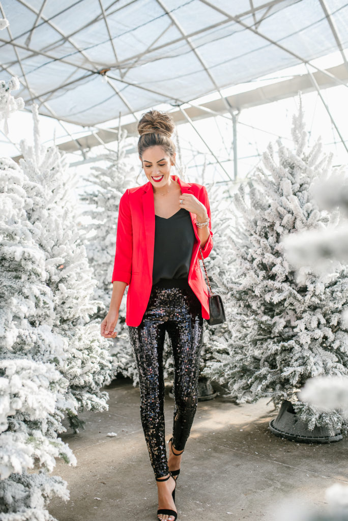 Frugal Fashion Friday Christmas Outfit with Red Sequin Pants
