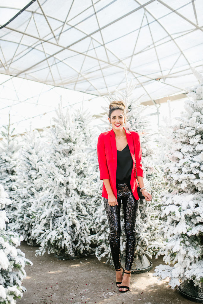 Express High waisted velvet sequin pants and red blazer holiday look