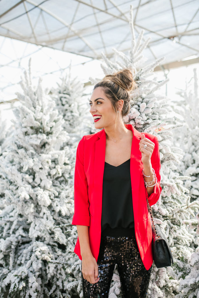 Express High waisted velvet sequin pants and red blazer holiday look