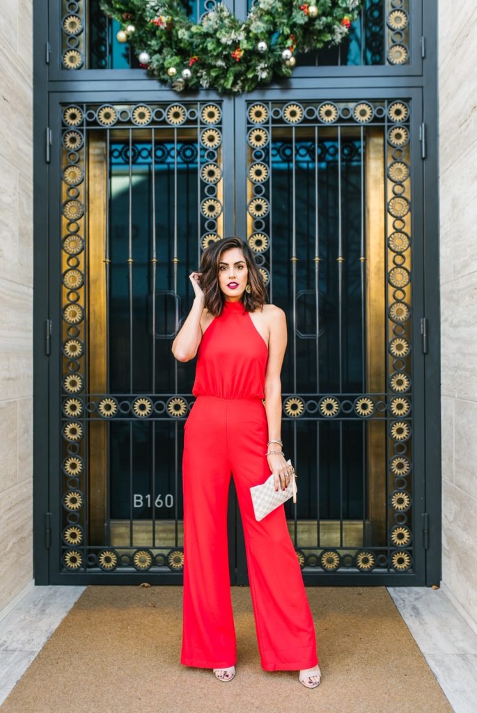 Lulu's REd Jumpsuit with YSL clutch