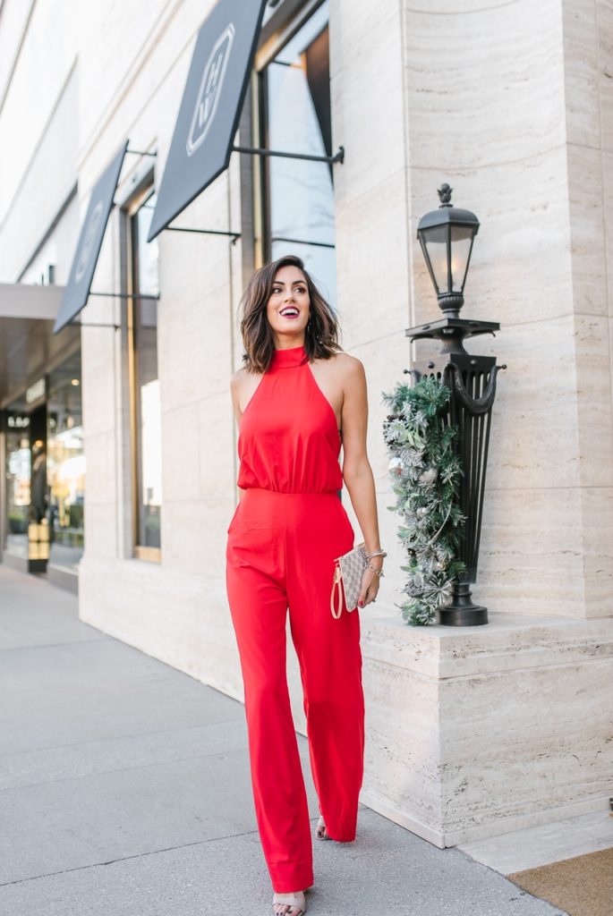 Lulu's REd Jumpsuit with YSL clutch