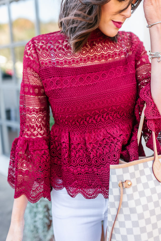 Chicwish crochet peplum top with white jeans and louis viutton bag