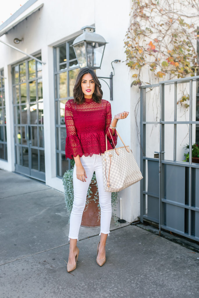 Chicwish crochet peplum top with white jeans and louis viutton bag
