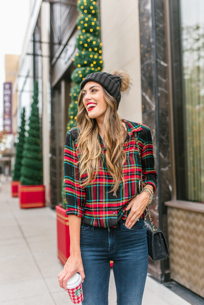 Flannel Button Down with skinny jeans and black over the knee boots