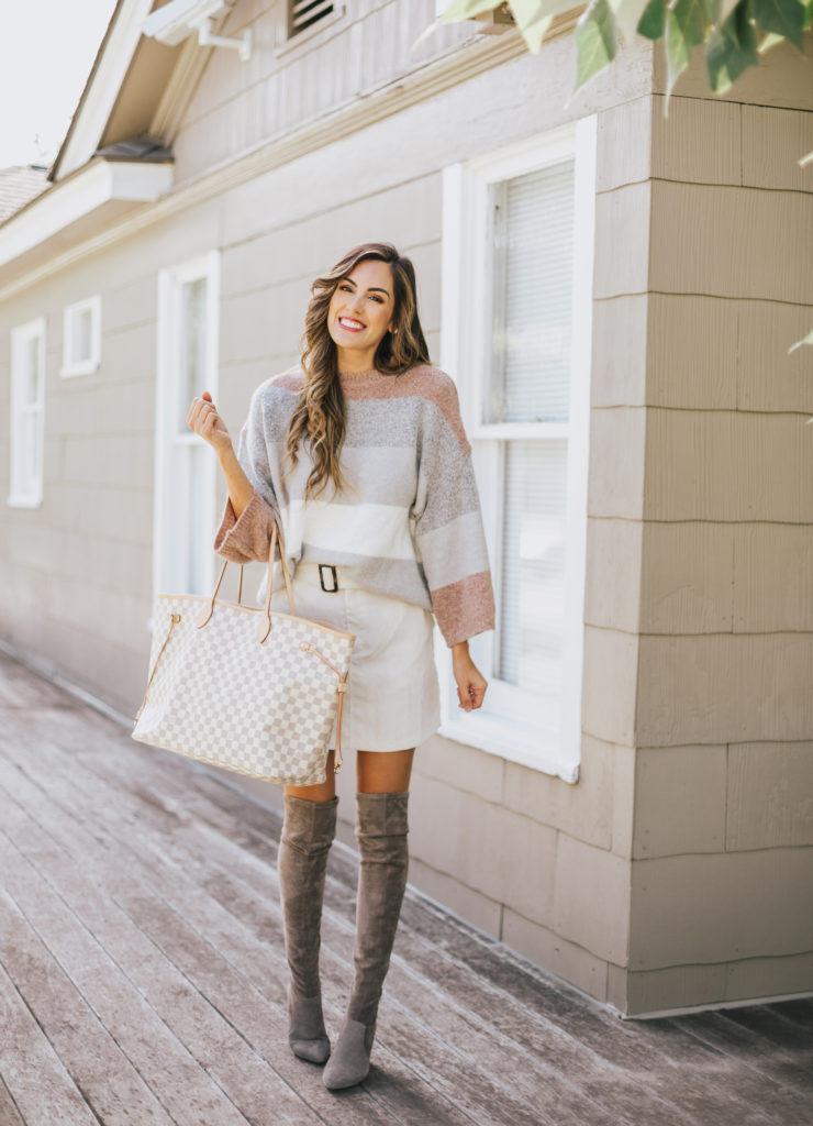 Goodnight Macaroon Blush Swaters with a white corduroy skirt and grey suede over the knee boots