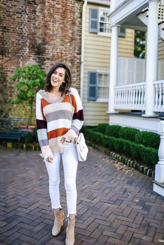 red dress boutique striped over sized distrusted sweater with white denim and m. gemi tan booties