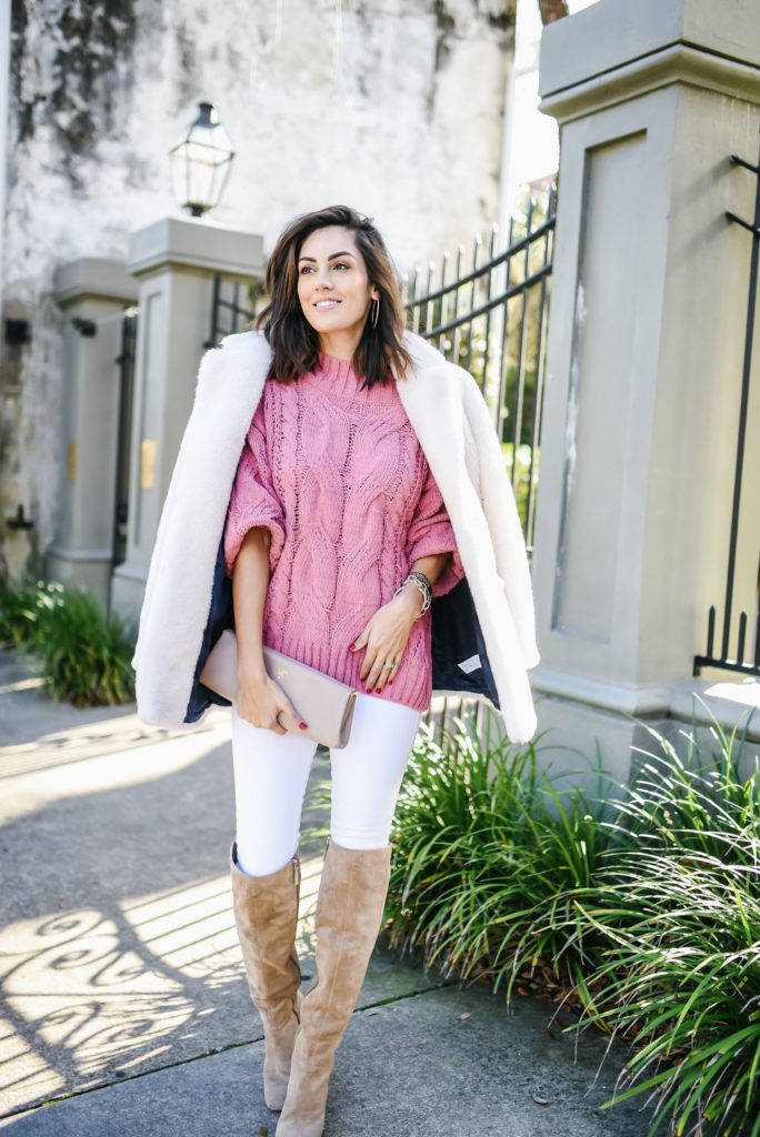 Red Dress Boutique Pink Off the shoulder quilted sweater with white jeans and beige over the knee boots