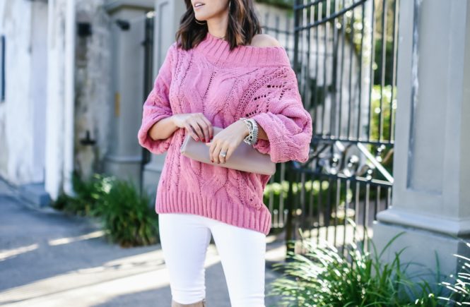 Red Dress Boutique Pink Off the shoulder quilted sweater with white jeans and beige over the knee boots