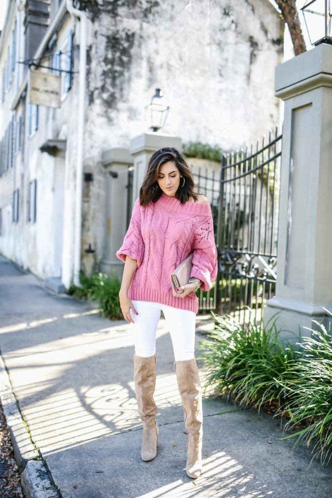  Red Dress Boutique Pink Off the shoulder quilted sweater with white jeans and beige over the knee boots