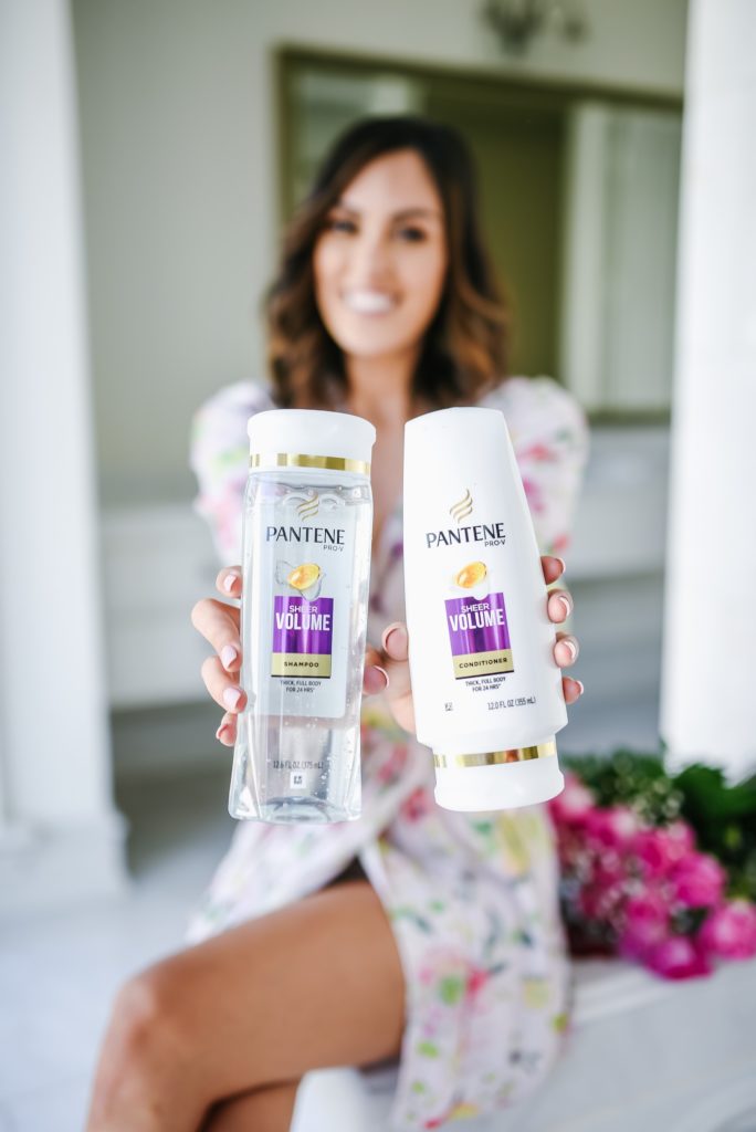 Pantene 14 Day Challenge Review, robe in bathroom, Pantene volume shampoo and conditioner 