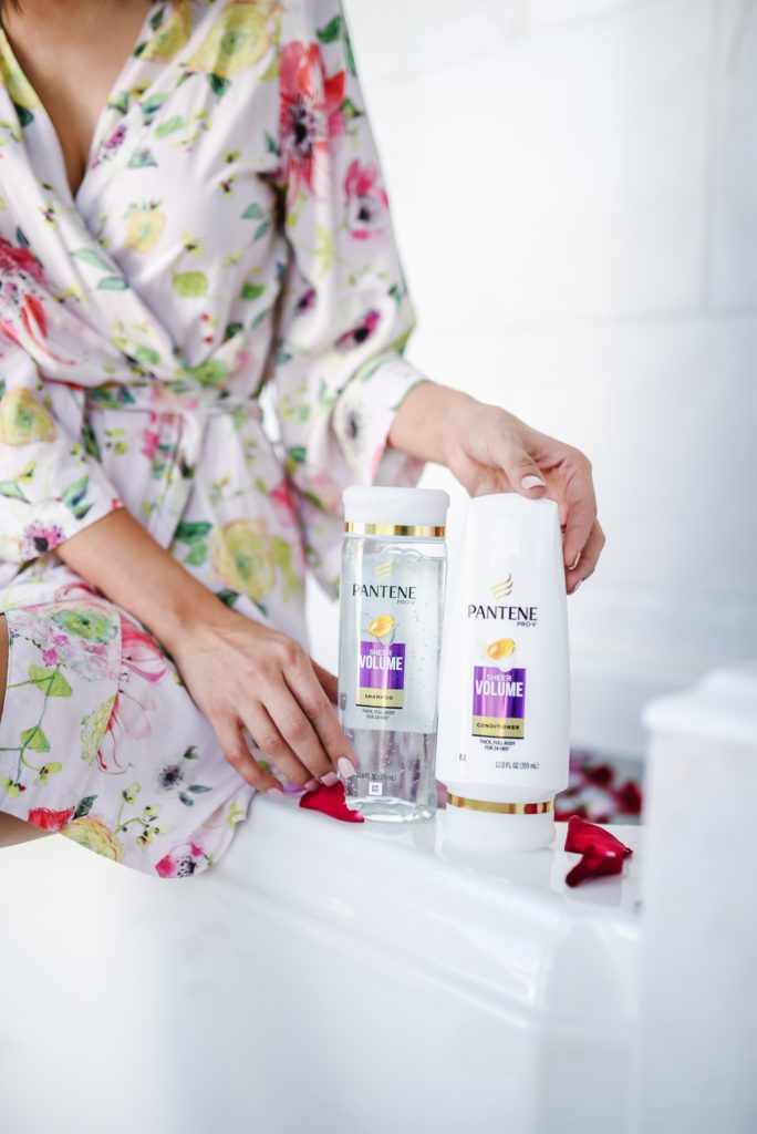 Pantene 14 Day Challenge Review, robe in bathroom, Pantene volume shampoo and conditioner 