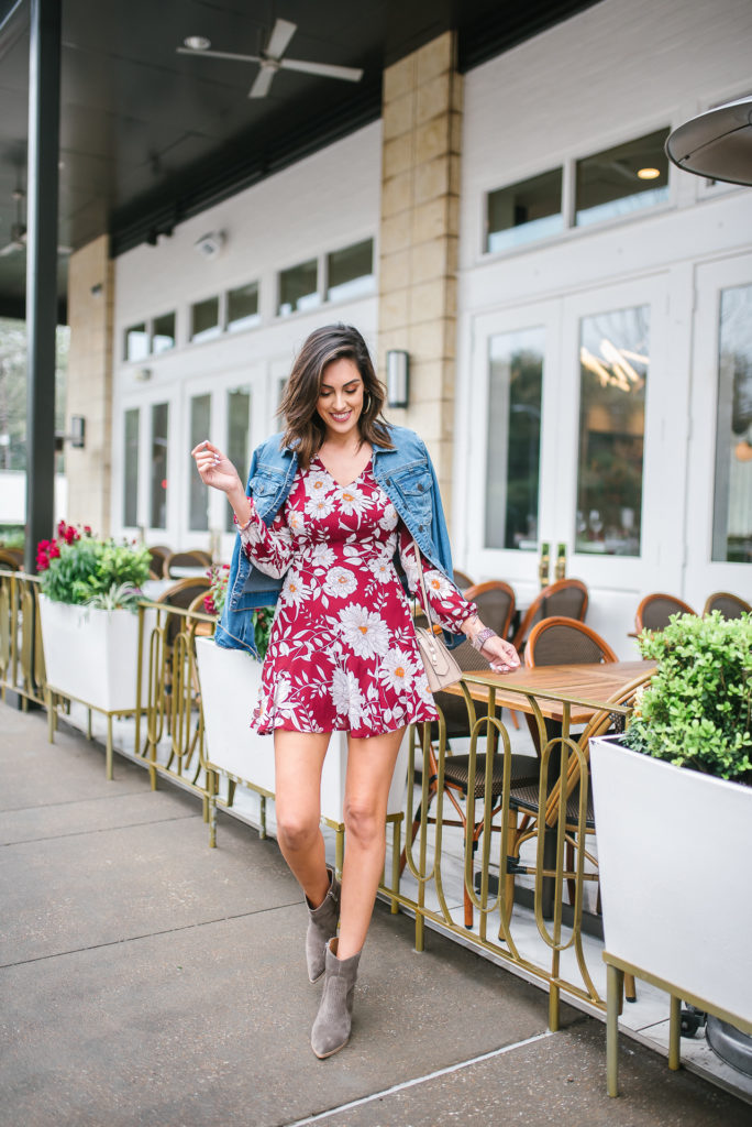 Flower Mini Dress with Jean Jacket and Marc Fisher Western Boot outfit for rodeo