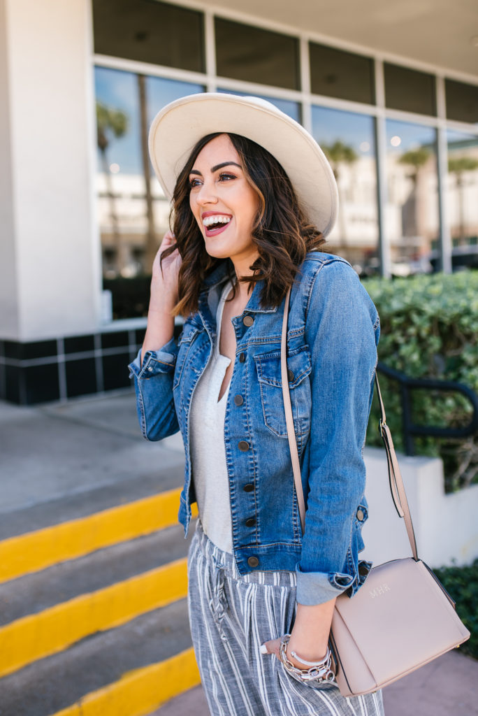 Striped Linen Pants with Jean Jacket and Ivory Hat for a Spring Look with Evereve