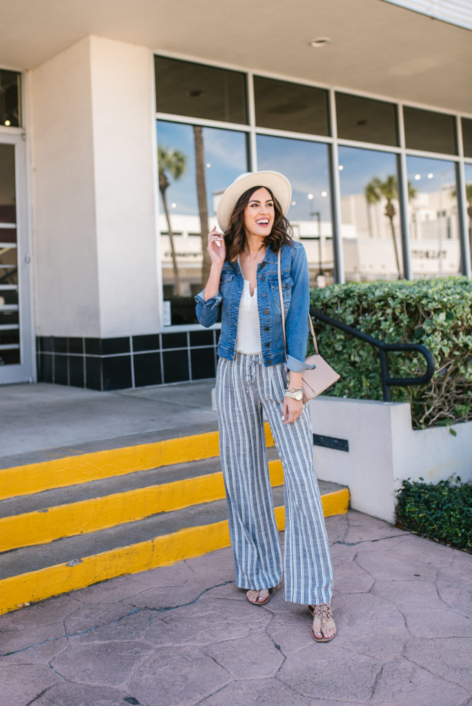 Striped Linen Pants with Jean Jacket and Ivory Hat for a Spring Look with Evereve